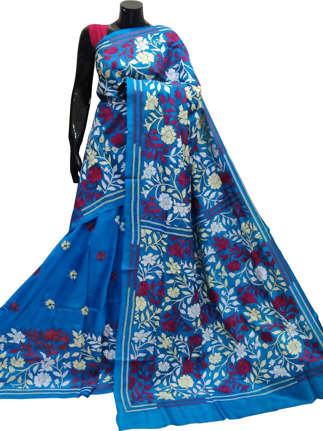 Blue Kantha Hand Embroidered Pure Bangalore Silk Saree