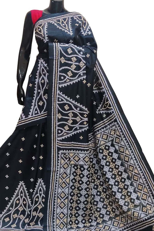 Black Gujarati Kantha Hand Embroidered Pure Banglore Silk Saree - Luxurion World