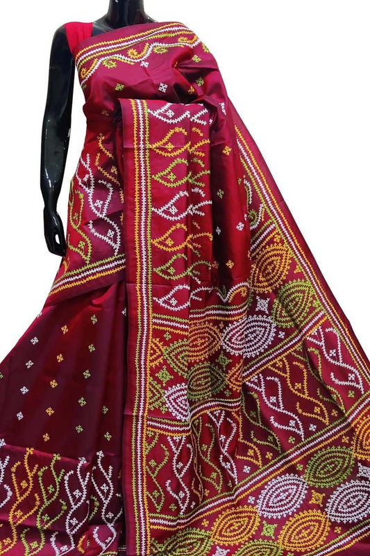 Maroon Gujarati Kantha Hand Embroidered Pure Banglore Silk Saree - Luxurion World