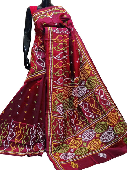 Maroon Gujarati Kantha Hand Embroidered Pure Banglore Silk Saree