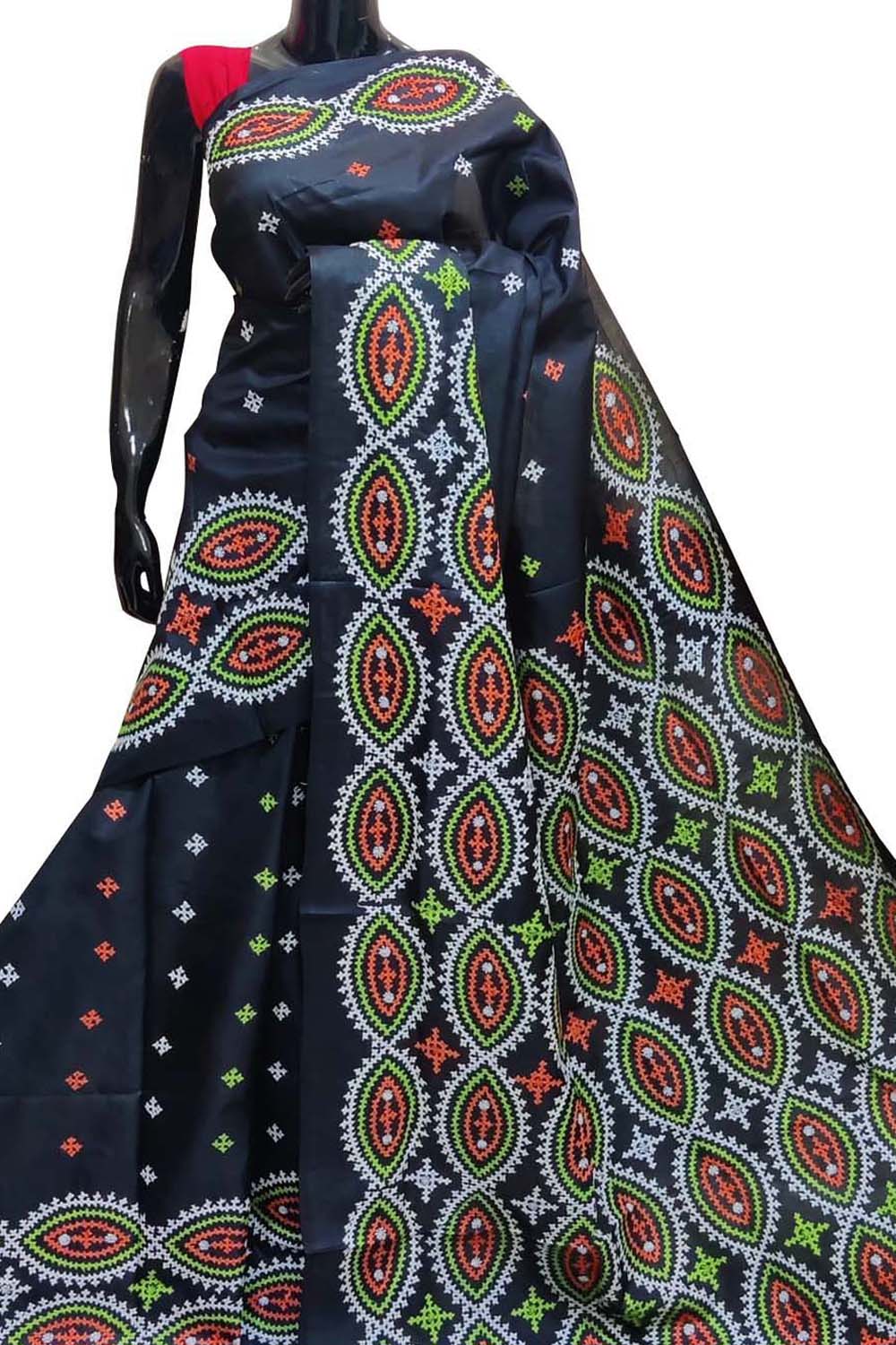 Black Gujarati Kantha Hand Embroidered Pure Banglore Silk Saree