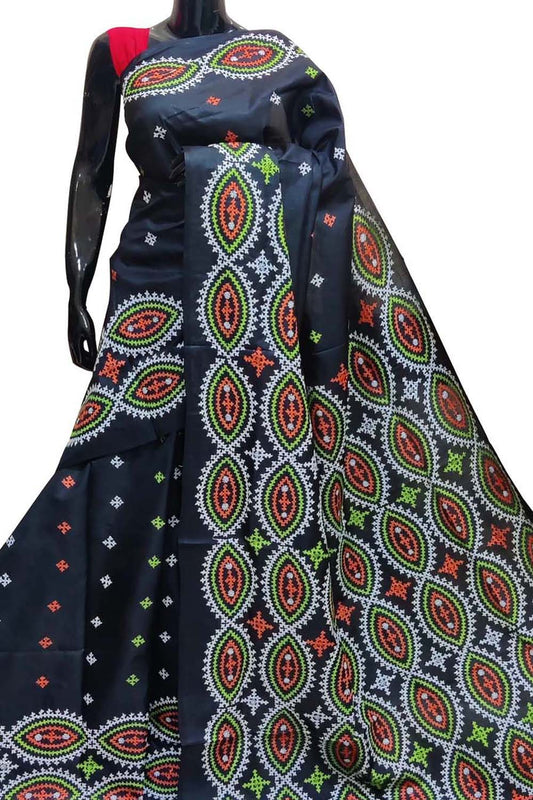 Black Gujarati Kantha Hand Embroidered Pure Banglore Silk Saree - Luxurion World