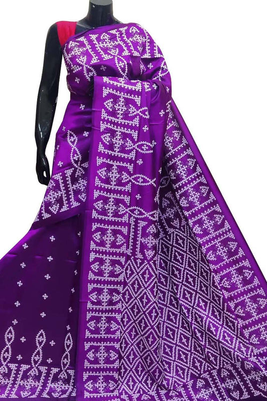 Purple Gujarati Kantha Hand Embroidered Pure Banglore Silk Saree - Luxurion World