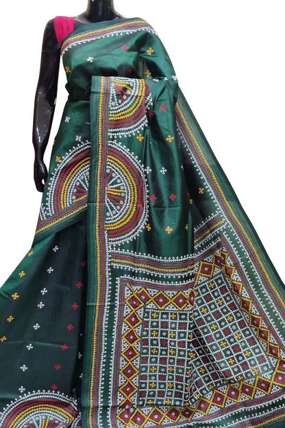 Green Gujarati Kantha Hand Embroidered Pure Banglore Silk Saree