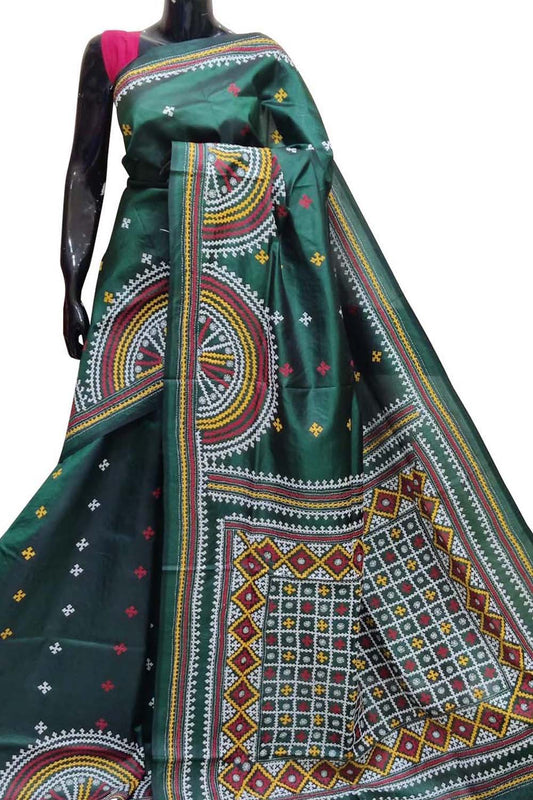 Green Gujarati Kantha Hand Embroidered Pure Banglore Silk Saree - Luxurion World