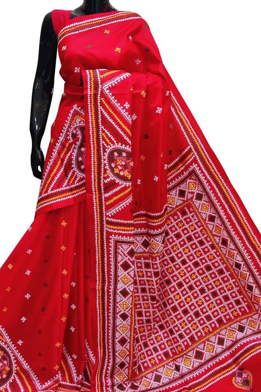 Red Gujarati Kantha Hand Embroidered Pure Banglore Silk Saree - Luxurion World