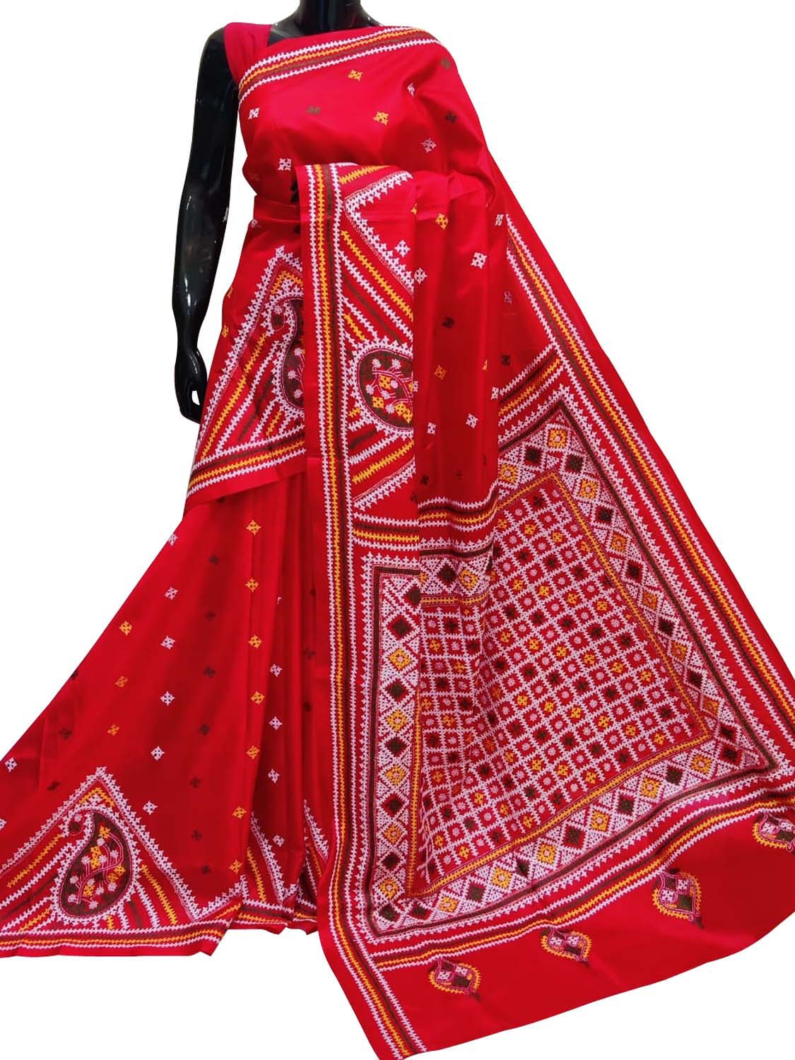 Red Gujarati Kantha Hand Embroidered Pure Banglore Silk Saree - Luxurion World