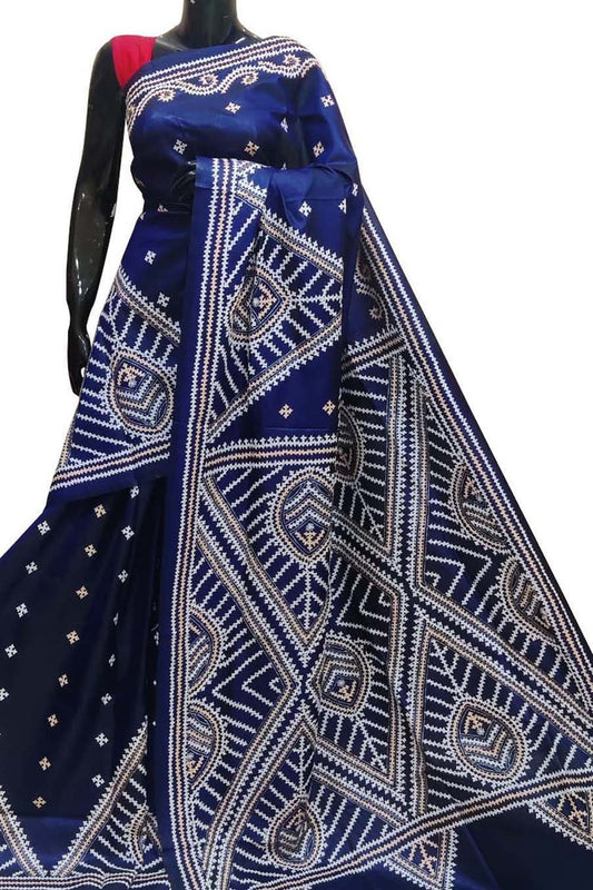 Blue Gujarati Kantha Hand Embroidered Pure Banglore Silk Saree - Luxurion World