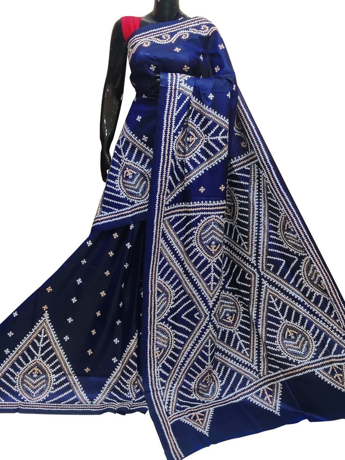 Blue Gujarati Kantha Hand Embroidered Pure Banglore Silk Saree - Luxurion World