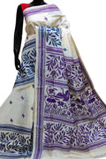 Off White Kantha Hand Embroidered Pure Tussar Silk Saree - Luxurion World