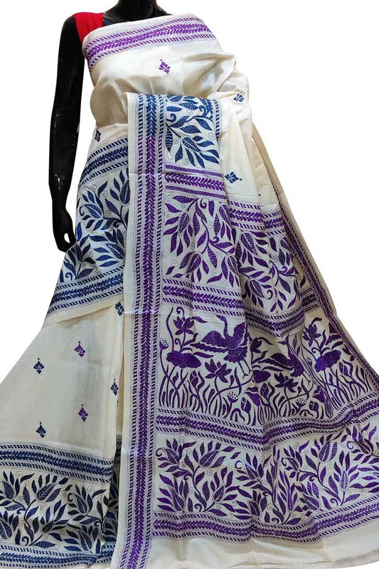 Off White Kantha Hand Embroidered Pure Tussar Silk Saree - Luxurion World