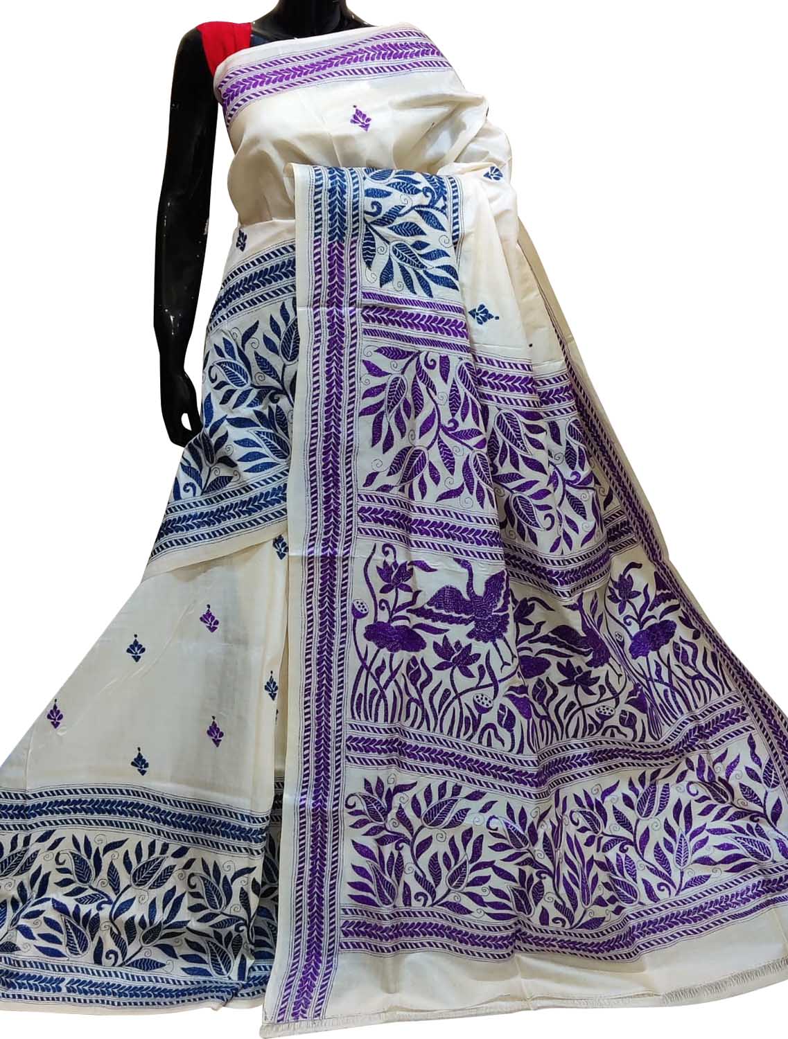 Off White Kantha Hand Embroidered Pure Tussar Silk Saree - Luxurion World