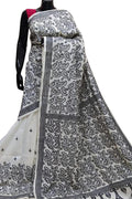 Off White Kantha Hand Embroidered Pure Tussar Silk Saree - Luxurion World