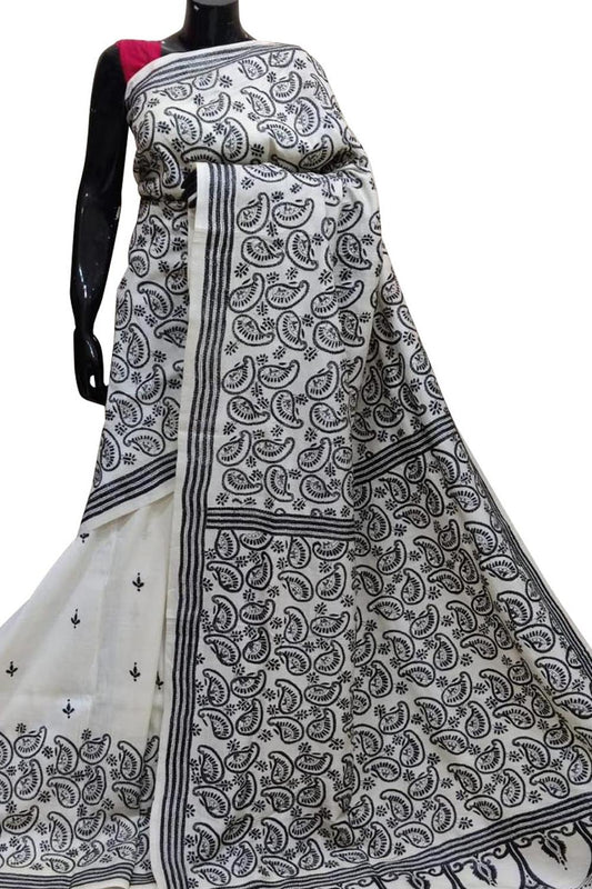 Off White Kantha Hand Embroidered Pure Tussar Silk Saree - Luxurion World