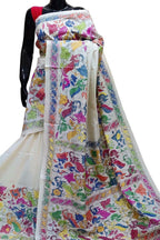 Off White Kantha Hand Embroidered Pure Tussar Silk Saree - Luxurion World