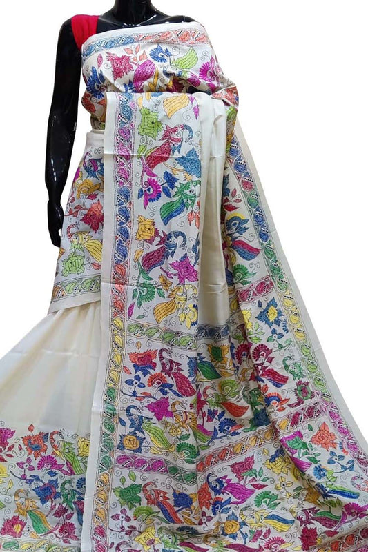 Off White Kantha Hand Embroidered Pure Tussar Silk Saree - Luxurion World