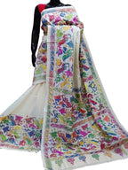 Off White Kantha Hand Embroidered Pure Tussar Silk Saree - Luxurion World