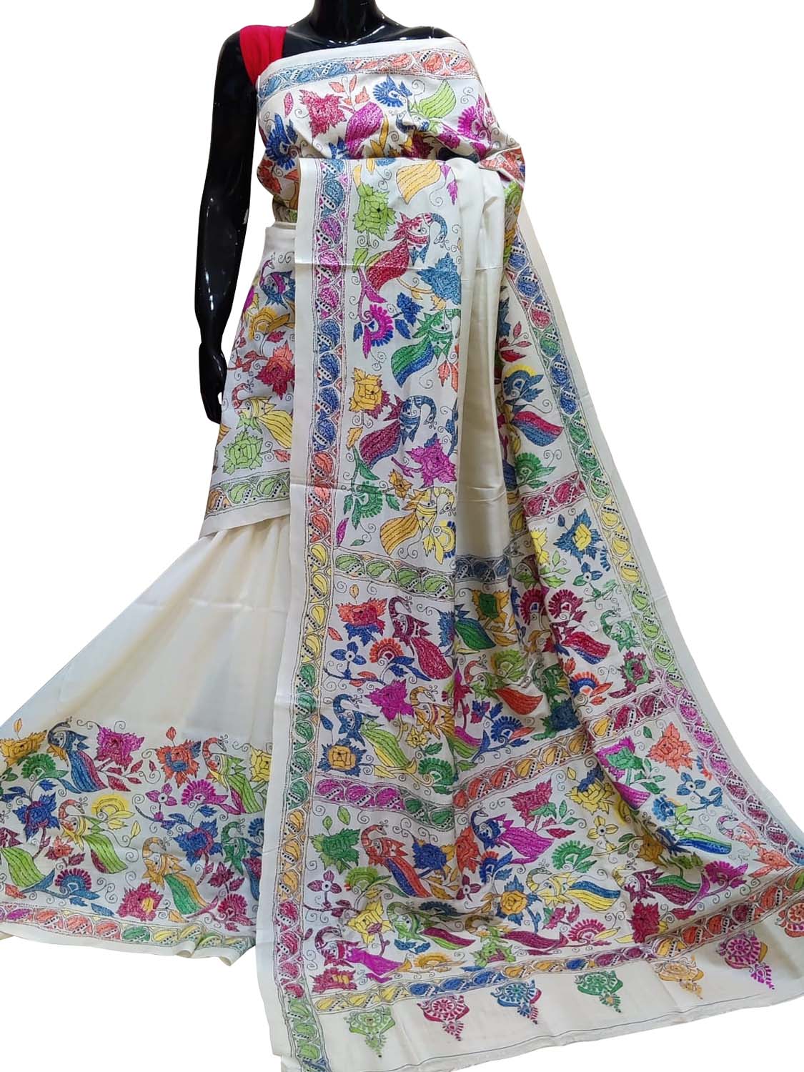 Off White Kantha Hand Embroidered Pure Tussar Silk Saree - Luxurion World