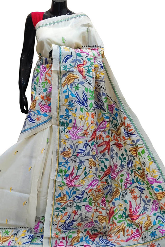 Off White Kantha Hand Embroidered Pure Tussar Silk Saree - Luxurion World