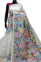 Off White Kantha Hand Embroidered Pure Tussar Silk Saree - Luxurion World