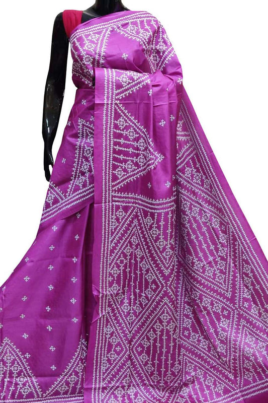 Pink Gujarati Kantha Hand Embroidered Pure Bangalore Silk Saree