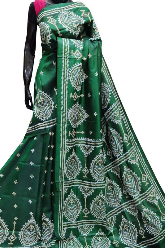 Green Gujarati Kantha Hand Embroidered Pure Bangalore Silk Saree