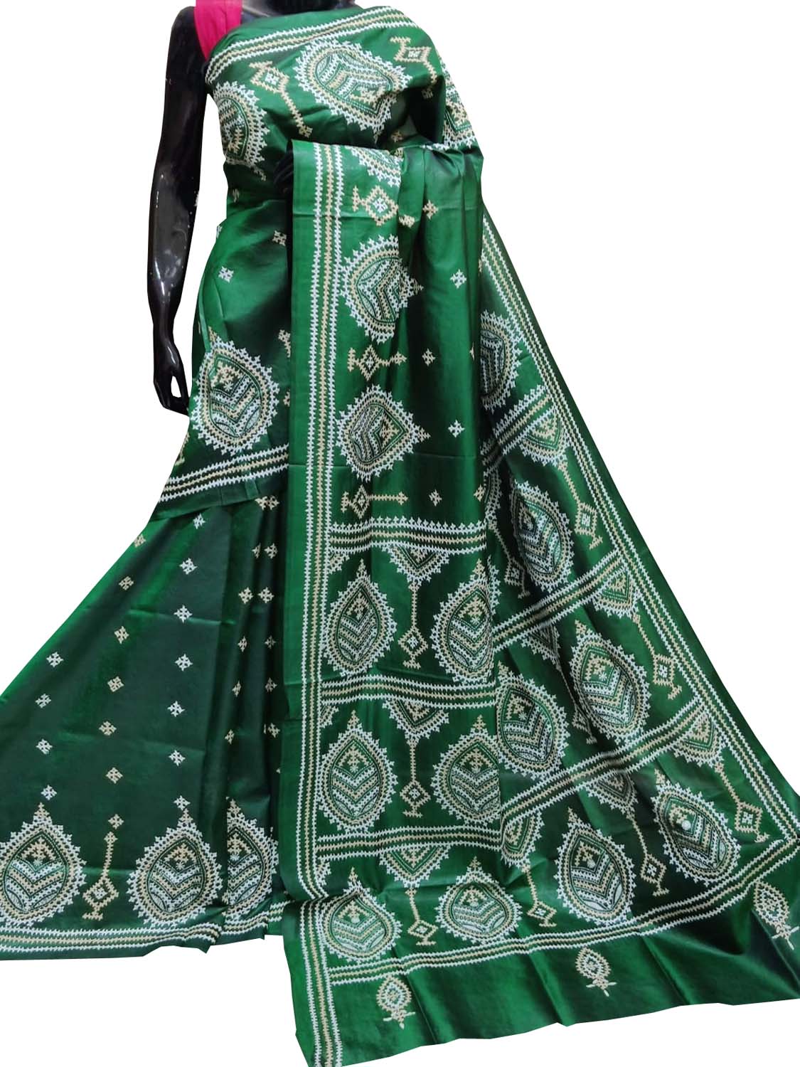Green Gujarati Kantha Hand Embroidered Pure Bangalore Silk Saree - Luxurion World