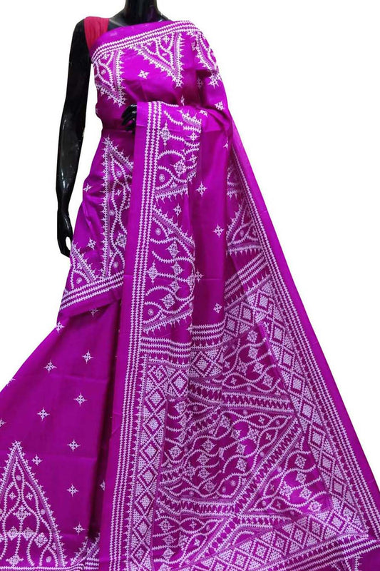 Pink Gujarati Kantha Hand Embroidered Pure Bangalore Silk Saree - Luxurion World