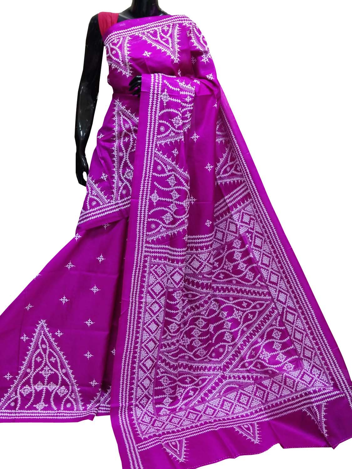 Pink Gujarati Kantha Hand Embroidered Pure Bangalore Silk Saree - Luxurion World