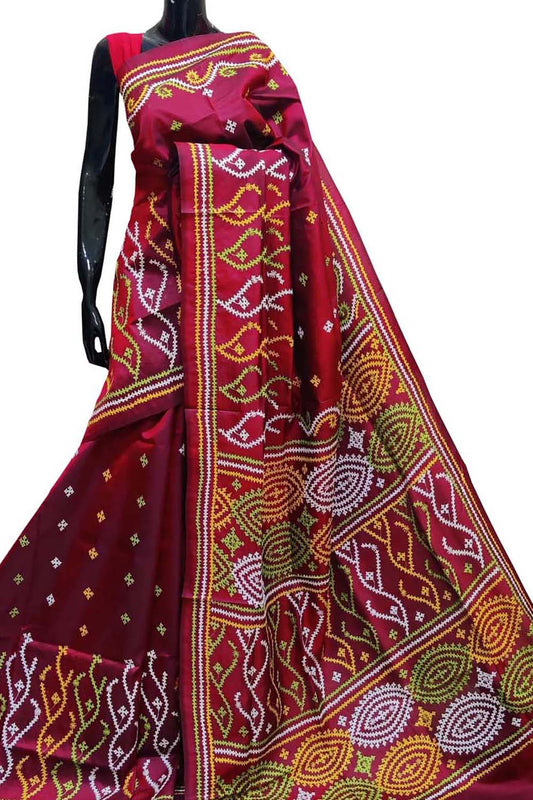 Maroon Gujarati Kantha Hand Embroidered Pure Bangalore Silk Saree