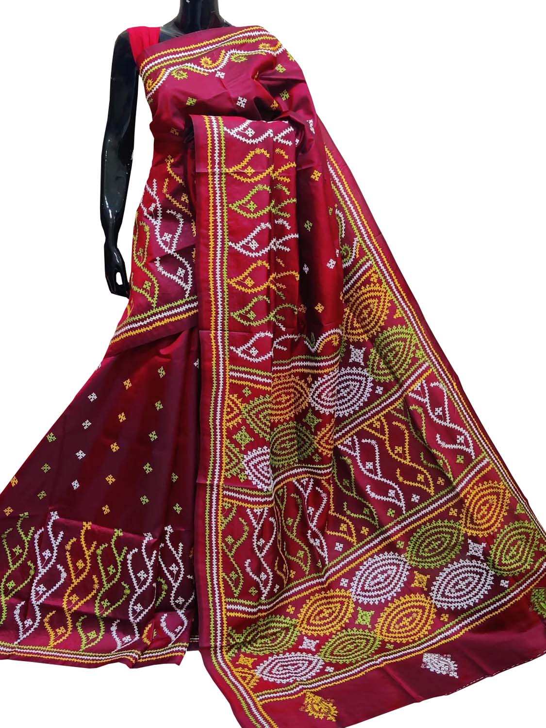 Maroon Gujarati Kantha Hand Embroidered Pure Bangalore Silk Saree - Luxurion World