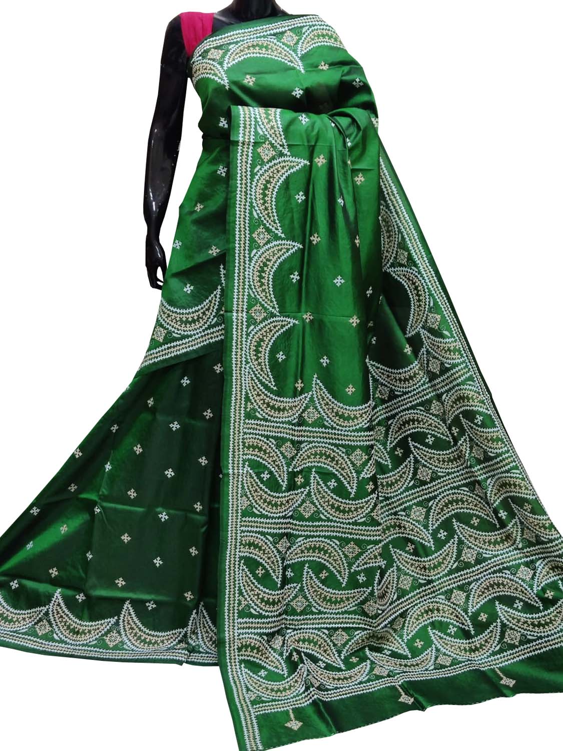Green Gujarati Kantha Hand Embroidered Pure Bangalore Silk Saree - Luxurion World