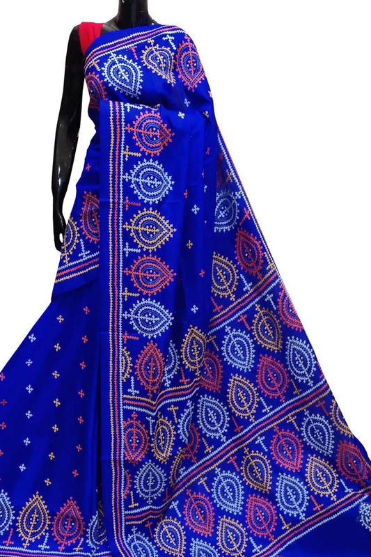Blue Gujarati Kantha Hand Embroidered Pure Bangalore Silk Saree - Luxurion World