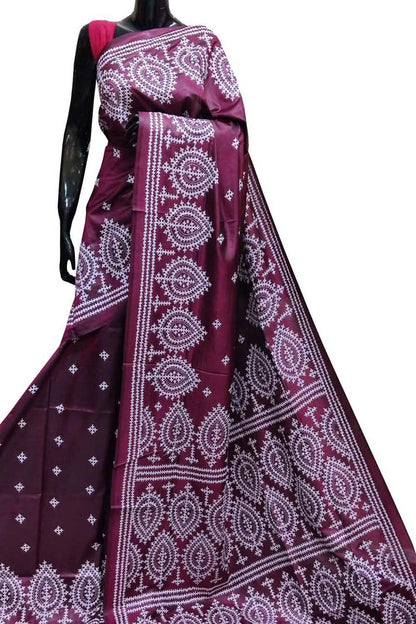 Purple Gujarati Kantha Hand Embroidered Pure Bangalore Silk Saree - Luxurion World