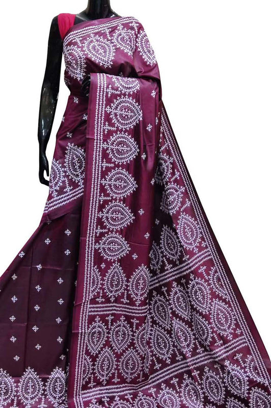 Purple Gujarati Kantha Hand Embroidered Pure Bangalore Silk Saree - Luxurion World