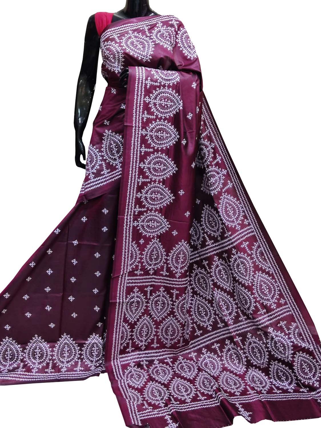 Purple Gujarati Kantha Hand Embroidered Pure Bangalore Silk Saree - Luxurion World