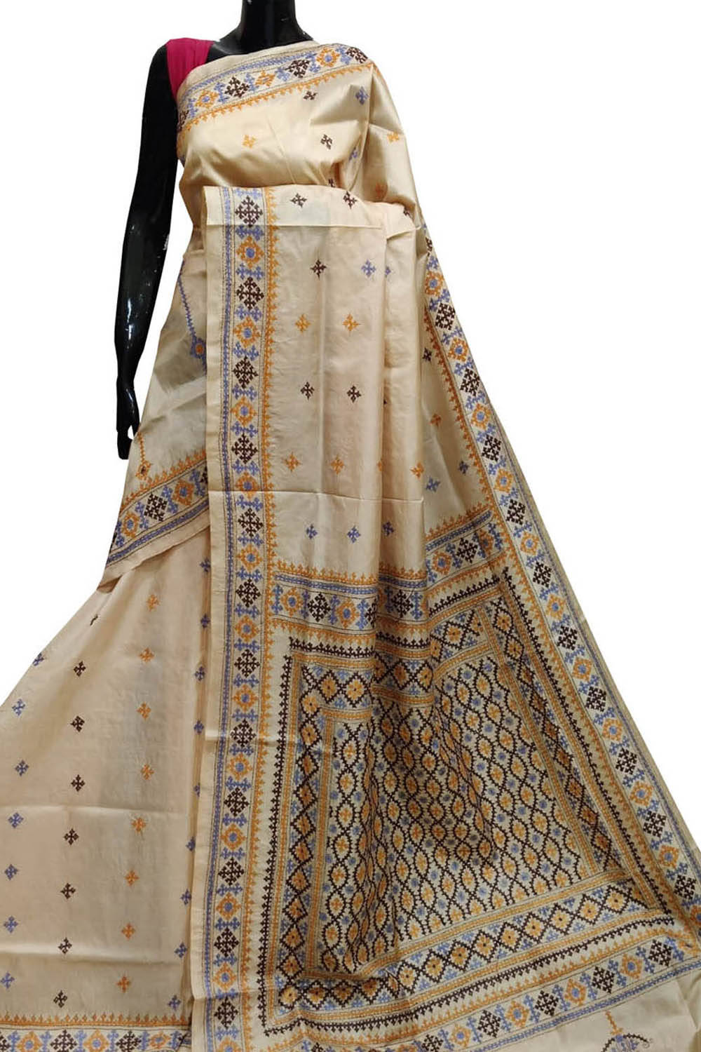 Pastel Gujarati Kantha Hand Embroidered Pure Bangalore Silk Saree - Luxurion World