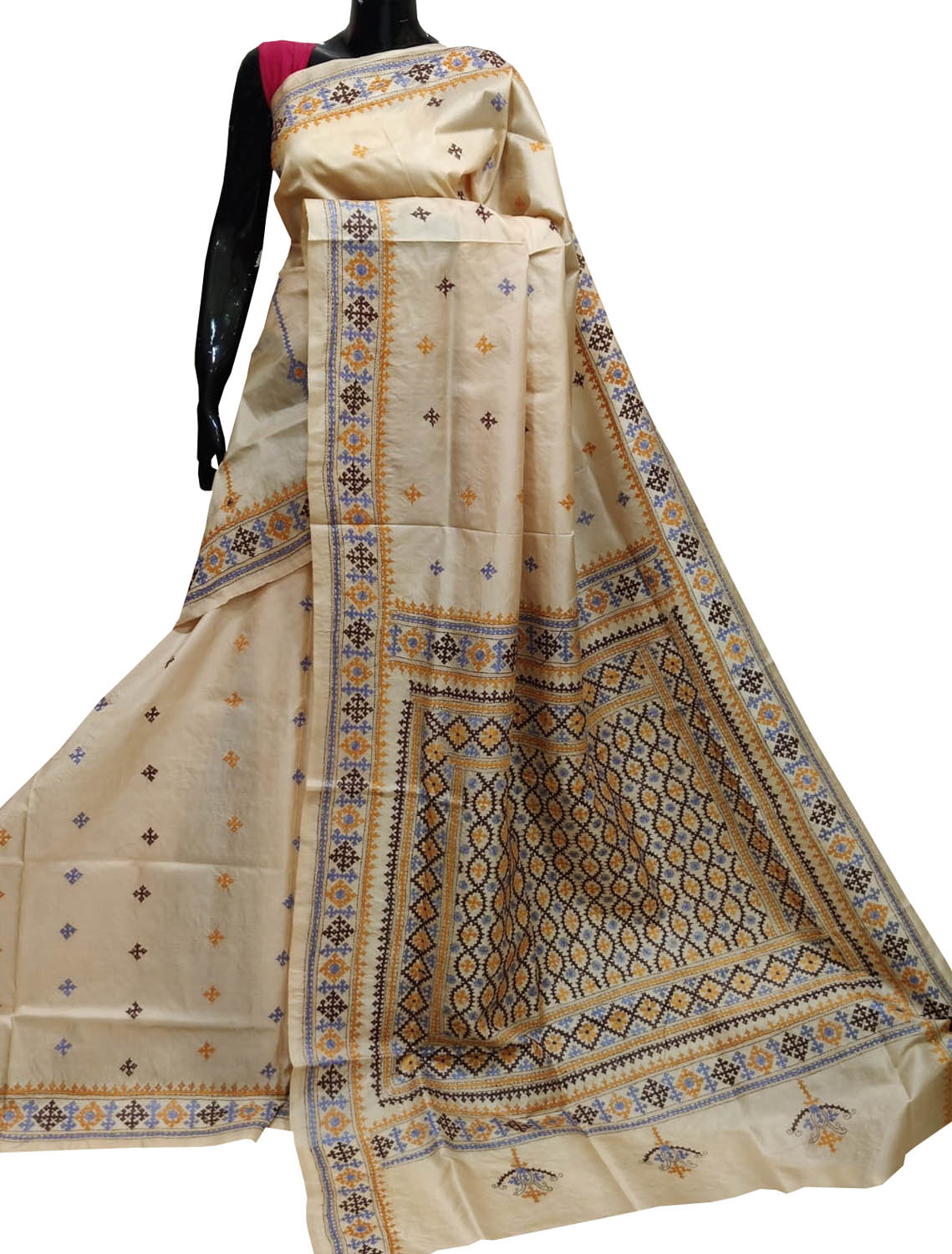 Pastel Gujarati Kantha Hand Embroidered Pure Bangalore Silk Saree - Luxurion World