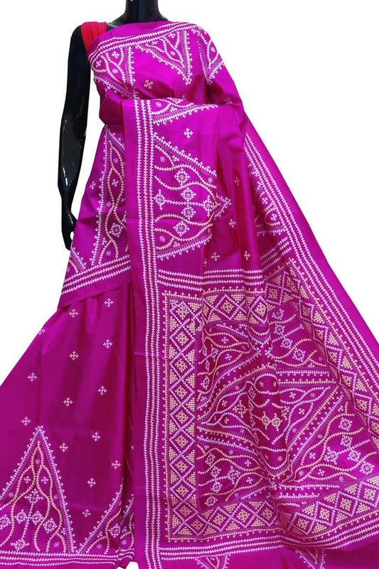 Pink Kantha Gujrati Stitch Hand Embroidered Pure Bangalore Silk Saree: A Timeless Masterpiece of Elegance