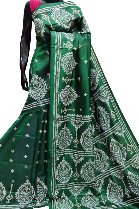 Exquisite Green Kantha Gujrati Stitch Hand Embroidered Pure Bangalore Silk Saree: A Timeless Beauty - Luxurion World