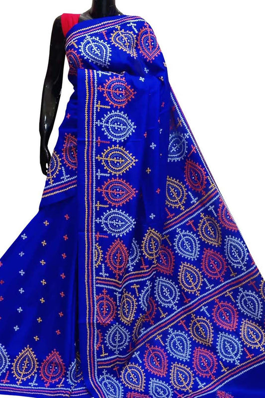 Exquisite Blue Kantha Gujrati Stitch Hand Embroidered Bangalore Silk Saree