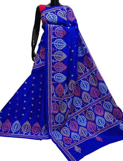 Exquisite Blue Kantha Gujrati Stitch Hand Embroidered Bangalore Silk Saree - Luxurion World