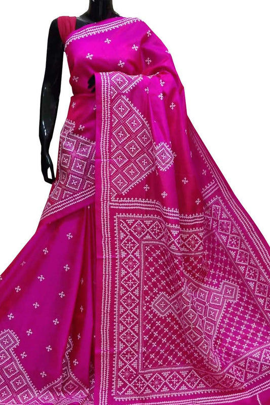 Pink Kantha Gujrati Stitch Hand Embroidered Pure Bangalore Silk Saree - Luxurion World