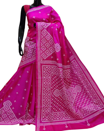 Pink Kantha Gujrati Stitch Hand Embroidered Pure Bangalore Silk Saree - Luxurion World