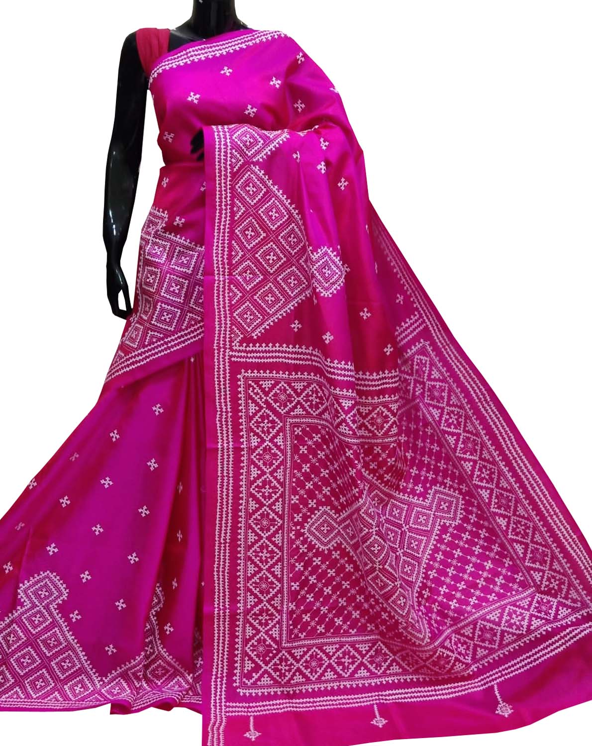 Pink Kantha Gujrati Stitch Hand Embroidered Pure Bangalore Silk Saree - Luxurion World