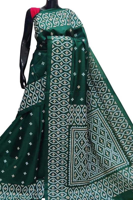 Exquisite Green Kantha Gujrati Stitch Hand Embroidered Bangalore Silk Saree - Luxurion World