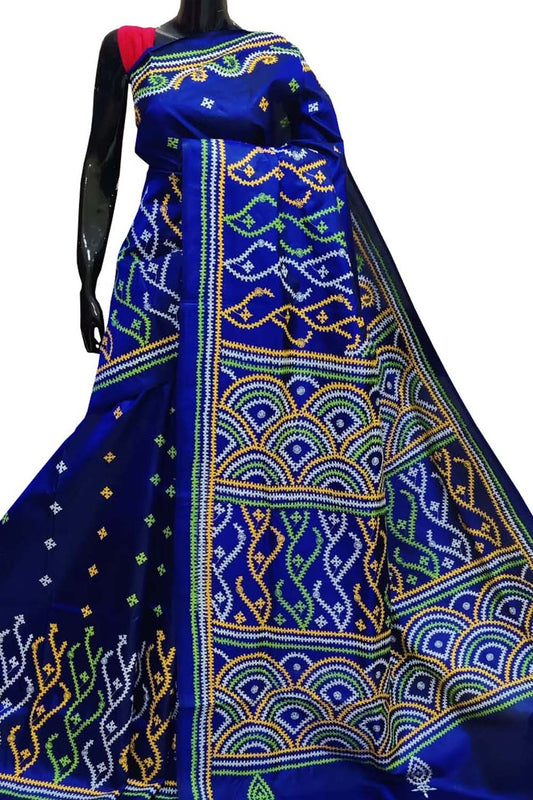 Blue Kantha Gujrati Stitch Hand Embroidered Pure Bangalore Silk Saree: Timeless Artistry in Traditional Craft - Luxurion World