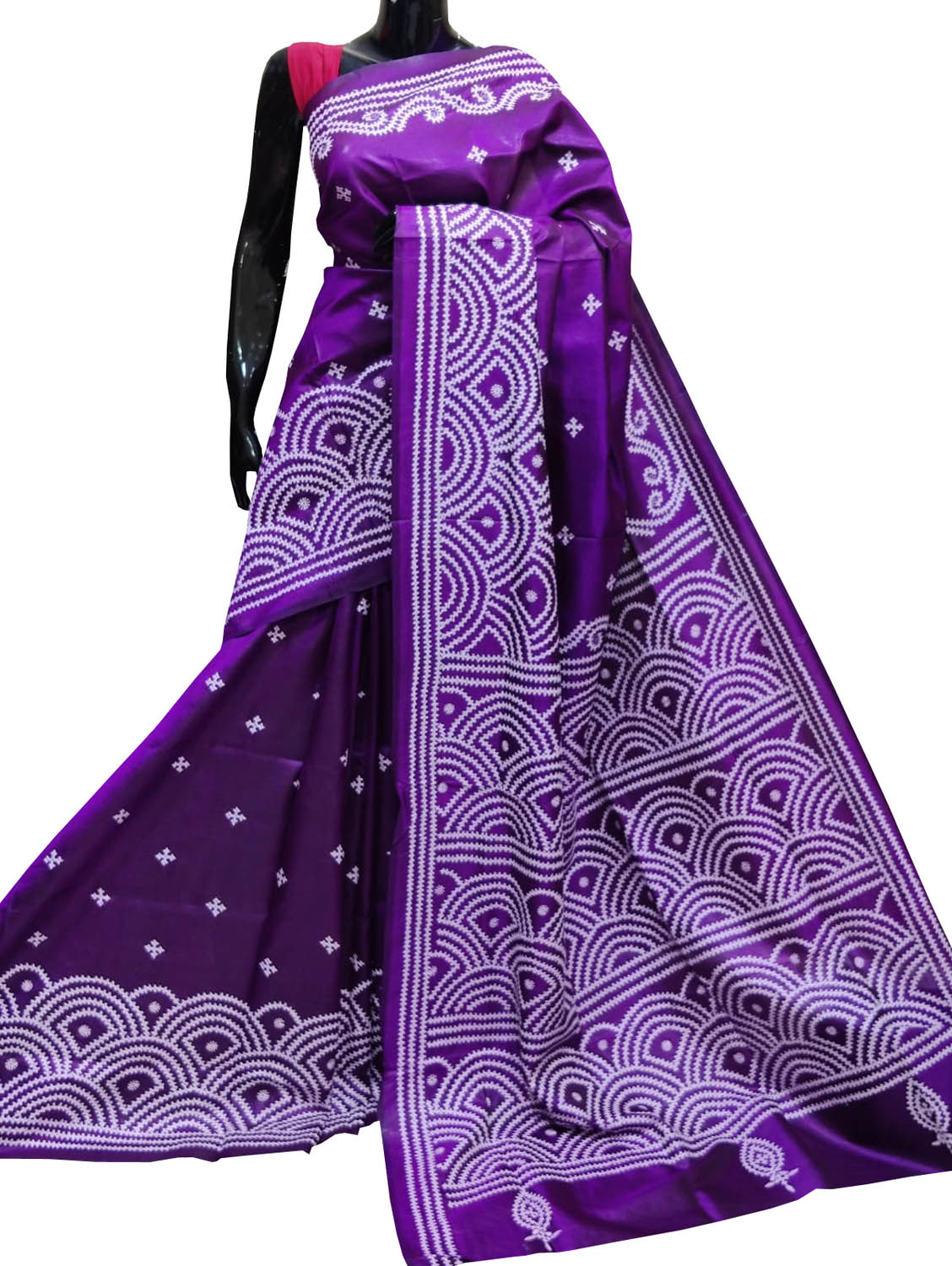 Purple Kantha Gujrati Stitch Hand Embroidered Pure Bangalore Silk Saree: Timeless Artistry in Traditional Craft - Luxurion World