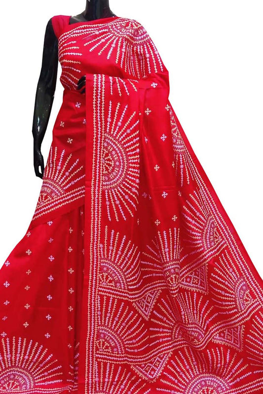 Exquisite Red Kantha Gujrati Stitch Hand Embroidered Bangalore Silk Saree - Luxurion World