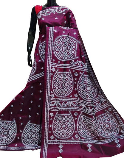 Exquisite Maroon Kantha Gujrati Stitch Hand Embroidered Bangalore Silk Saree - Luxurion World